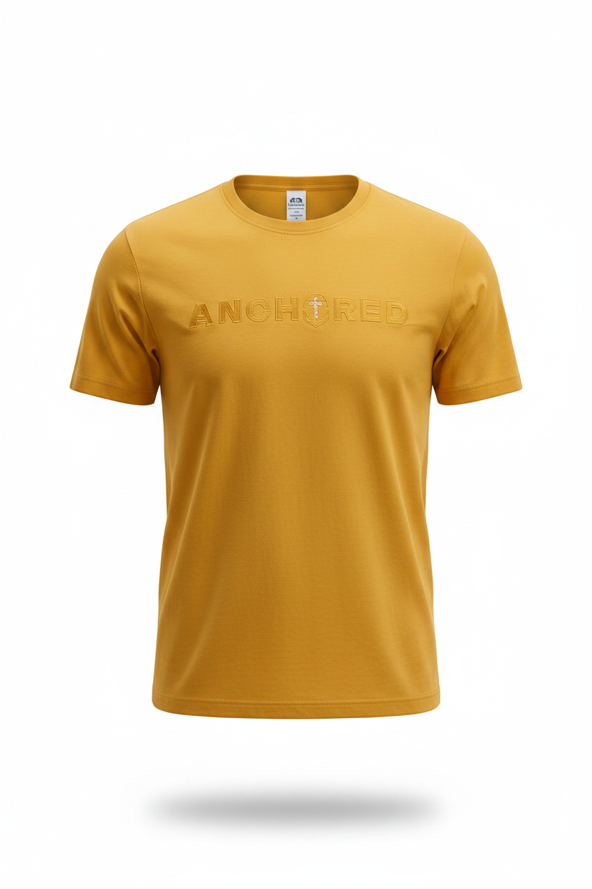 A mustard yellow t-shirt with 'ANCHORHED' printed vertically in tonal embroidery on the front, laid flat on a dark blue fabric surface.